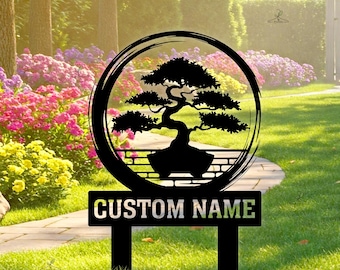 Personalized Japanese Tree Yard Art, Oriental Tree Silhouette Garden Art,Custom Name Bonsai Tree Garden Sign With Stake,Metal Asian Yard Art