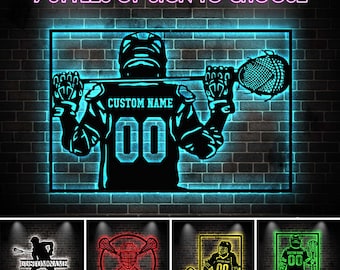 Personalized Lacrosse Sign Metal Wall Art Led Light,Lacrosse Sticks and Helmet, Lacrosse Player Gift Xmas Birthday Gift, Lacrosse Home Decor
