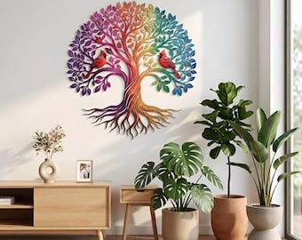 Cardinal Tree of Life Metal Wall Art, Red Bird Decor, Colorful Nature Wall Hanging, Bird Lover Gift