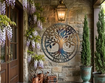 Custom Family Name Metal Sign, Personalized Tree of Life Wall Art, Est Year Housewarming Gift, Outdoor Heritage Garden Plaque