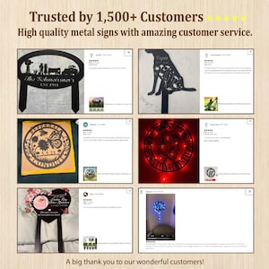 May include: A collage of six customer reviews featuring custom metal signs. The images display various black metal silhouettes, including a farm scene, a dog, a butterfly, a heart-shaped memorial, and circular designs with text and floral motifs.