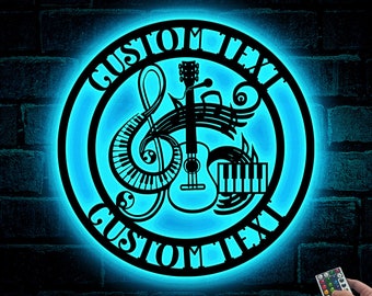 Personalized Musical Instruments Metal Wall Art With Led Lights, Custom Music Room Sign, Musician Gift, Guitar Drums Keyboard Sign Xmas Gift