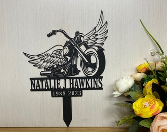 Personalized Motorcycle Memorial Garden Stake – “Riding in Loving Memory” Custom Name Metal Sign, Sympathy Gift for Loss of Biker, Outdoor Grave or Yard Decor main image 1
