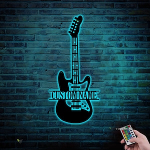 Custom Guitar Player Metal Wall Art LED Light Personalized Guitarist Name Sign Home Decor Music Room Kids Nursery Decoration Birthday Xmas