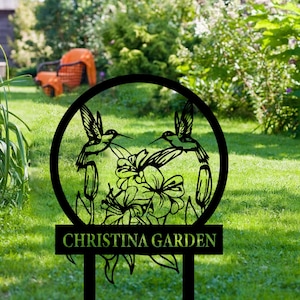 Hummingbird Metal Garden Decor Custom, Bird with Stakes Garden Sign,Flower Design Personalized Garden Sign,Custom Garden Name Sign,Home Gift