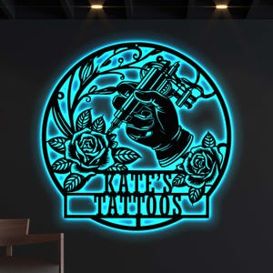 Personalized Tattoo Studio LED Sign, Custom Tattoo Shop Wall Art, Tattoo Machine & Roses, Unique Home Studio Art, Unique Gift for Ink Lovers