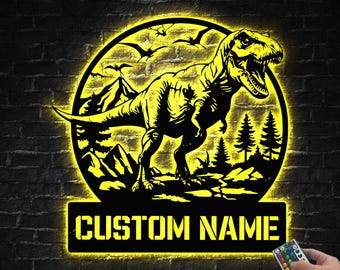 Aangepaste dinosaurus led metalen bord, gepersonaliseerde naam T-Rex muurkunst, dinosaurus slaapkamer decor, T-Rex decor, Jurassic naambord, kinderkamer bord