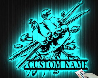 Custom Drummer Male Metal Wall Art With LED Lights, Personalized Drummer Metal Signs, Musical Instrument Metal Wall Decoration, Wall Hanging