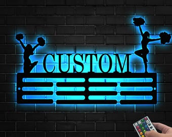 Personalized LED Cheerleader Medal Hanger, Custom Cheerleader Medal Hanger, 12 Rungs for Medals & Ribbons , Cheer Sport Display Awards Sign