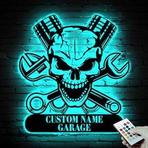Arte de pared de metal con calavera personalizada para garaje, luces LED, letrero con nombre de taller, decoración para el hogar, decoración para reparación de mecánicos de automóviles, cumpleaños de reparadores, Navidad