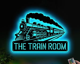 Custom Steam Engine Locomotive Metal Wall Art with LED Light Personalized Train Driver Name Sign Home Decor Railroad Decoration Train Sign