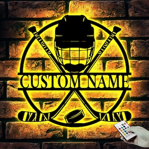 Personalized Ice Hockey Metal Wall Art LED Light, Custom Player Stick Sign Home Decor, Hockey Gift for Home Decor & Gift, Hockey Sign,Hockey