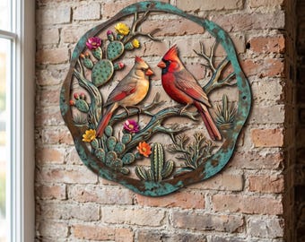 Cardinal Pair Metal Sign, Desert Bird Wall Art, Verdigris Patina Patio Decor, Southwest Nature Lover Gift