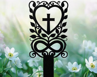 Letrero de jardín con forma de cruz de corazón y infinito, oxidado, decoración religiosa para exteriores, estaca de metal vintage para jardín, arte de metal para jardín, regalo cristiano