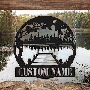 Letrero de metal personalizado con la casa del lago, letrero con el nombre de la casa del lago personalizado, letrero con el lago del bosque, decoración de la casa del lago, letrero de cabaña al aire libre, regalo de decoración del porche delantero