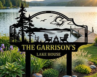 Custom Lake House Metal Garden Stake, Personalized Metal Sign with Last Name, Lakeside Decor, Outdoor Yard Art