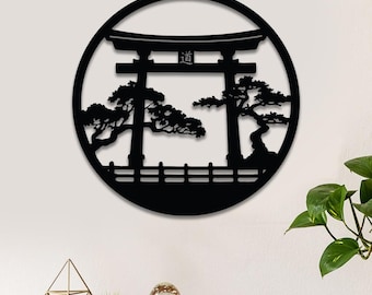Bonsai-Baum mit Torii-Tor Metallwanddekor, japanisches Schlafzimmerdekor, inspirierende Wandkunst, Japan Bonsai-Baum-Zeichen, japanisches Wohndekor
