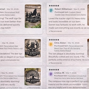 May include: A collection of six customer reviews for personalized metal signs, each featuring a five-star rating, customer name, date, and a thumbnail image of a custom black metal wall plaque depicting designs like a wolf, tractor, deer, owl, and compass.