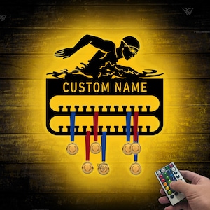 Personalized Breast Stroke Swimming Medal Hanger With Led Lights, Swimmer Medal Holder Display Rack Award And Ribbon Tiered Award Rack Sport