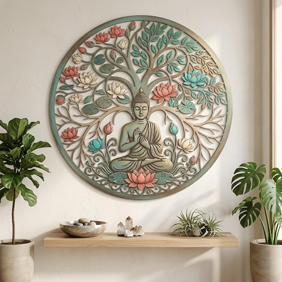 Buddha Lotus Metal Wall Art, Tree of Life Decor, Meditation Room Decor, Spiritual Gift
