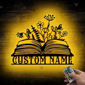Letrero de biblioteca personalizado con luz LED de metal, letrero para rincón de lectura, letrero de libros personalizados, letrero decorativo para sala de lectura, decoración para club de lectura, letrero para estantería