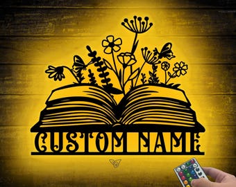 Gepersonaliseerde bibliotheekbord metalen ledlicht, bord boekenhoekje, aangepaste boeken metalen bord, leeszaal bord decor, boekenclub decor, boekenplankbord