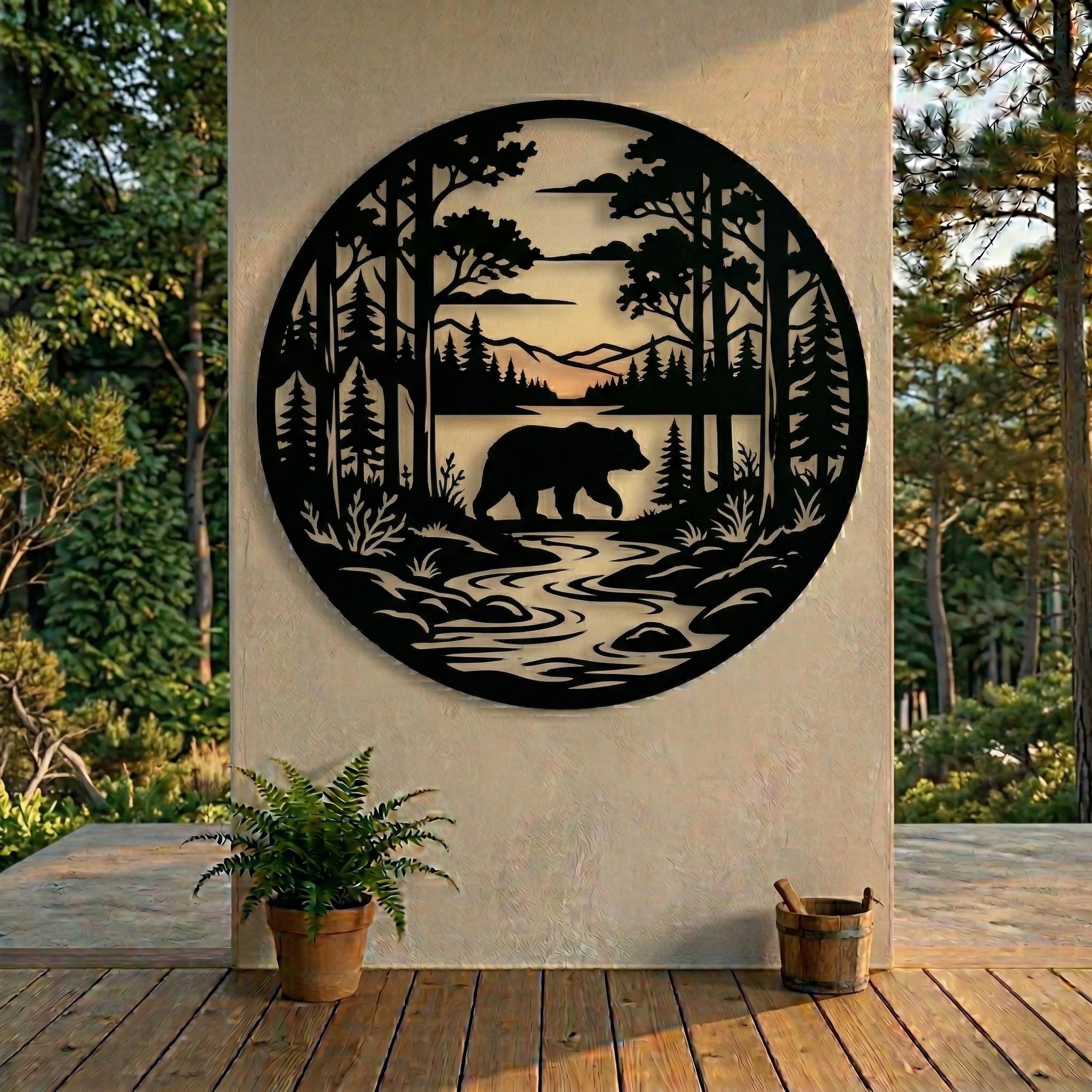 Bear Metal Wall Art, Pine Tree Forest Metal Sign, Outdoor Cabin Decor ...