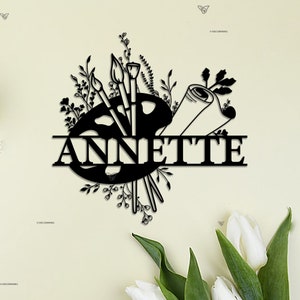 Letrero metálico personalizado para estudio de arte, letrero de artista, letrero personalizado con el nombre del pintor, letrero con herramientas y materiales de arte, decoración para estudio de arte, regalo para amantes del dibujo.