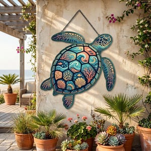 May include: A decorative wooden sea turtle wall hanging. The turtle features a detailed design with ocean-themed elements in shades of blue, coral, and beige. It is suspended by a metal chain and adds a coastal touch to any space.