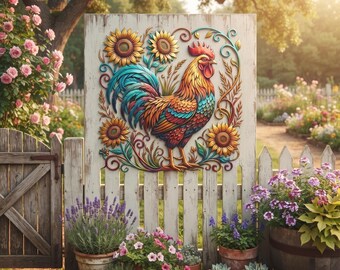 Farmhouse Metal Rooster Wall Art, Chicken Sunflower Decor, Rustic Country Wall Hanging, Garden Home Decor
