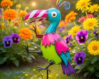 Vibrant Metal Toucan Garden Stake, Colorful Tropical Bird Yard Art, Outdoor Flower Bed Decor, Summer Garden Sign