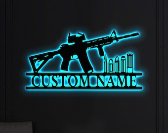 Custom AR-15 Metal Sign with LED Light, Personalized Gun Art for Man Cave Decor,Rifle Silhouette,Military Veteran Gift for Him,Military Gift