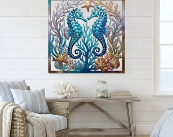 Coastal Metal Seahorse Wall Art, Coral Reef Decor, Ocean Wall Hanging, Nautical Beach House Home Decor