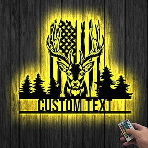 Custom US Patriotic Deer Hunting Metal Wall Art LED Light, Personalized American Buck Head Hunter Name Sign Home Decor USA Flag Antler Cabin