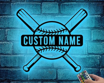 Baseball Bat Metallschild mit LED-Leuchten Custom, Baseball Namensschild, Baseball Liebhaber, Sport Dekor, Kinderzimmer Dekor, Geschenk für Ihn