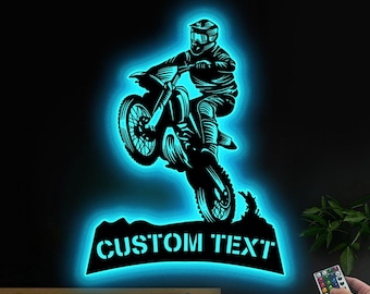 Aangepaste metalen bord crossmotor met ledlicht, gepersonaliseerd naambord motorrijder, decoratie cadeau, woondecoratie motorcrosser, cadeau motorrijder