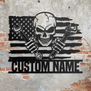 Custom US Skull Mechanic Metal Wall Art With LED Light, Personalized Mechanic Garage Name Sign Decoration For Room, Mechanic Metal LED Decor