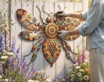 May include: A large decorative bee wall art piece mounted on a white wooden fence. The bee features intricate patterns of sunflowers, honeycomb textures, and swirling floral motifs in shades of yellow, orange, brown, and cream with dark outlines.