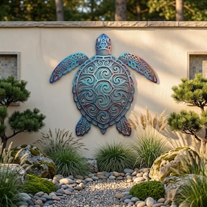 Sea Turtle Metal Wall Art, Ocean Wave Decor, Large Outdoor Sculpture, Coastal Patio Fence Decoration, Beach House Sign