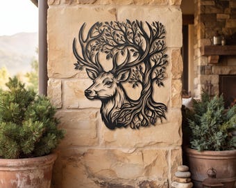 Deer Head Metal Wall Art, Tree of Life Decor, Rustic Cabin Wall Hanging, Woodland Wildlife Lodge Decor