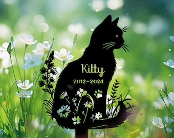 Personalized Metal Cat Grave Marker,Cat Memorial Stake with Flowers, Garden Remembrance Stake, Metal Cat Sign for Garden, Pet Cemetery Stake