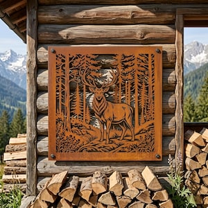 Deer Metal Wall Art, Forest Stag Garden Panel, Rusty Outdoor Mountain Home Art