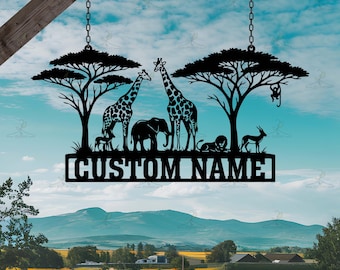 Custom Animal Metal Wall Decor, Giraffes Elephants with Wall Art Sign, Personalizsed Safari Design Room Decor, Name Sign, Home Gifts for Dad