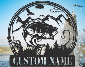 Custom Fish Metal Name Sign, Outdoor Bass Fishing Sign Fishing Gift for Men Custom Fishing Sign Fisherman Gift Groomsmen Gift Fish Wall Art