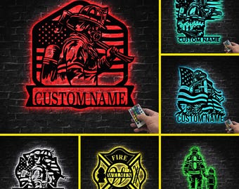 Custom Firefighter Sign with LED Lights, Personalized Fireman Gift, First Responder Decor, Metal Wall Art, Gift for Fireman , Gift For Dad 