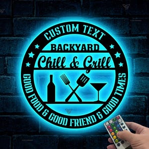 Cartello in metallo personalizzato per bar e grill con luci a LED, cartello personalizzato per barbecue e relax in giardino, decorazione per patio in giardino, cartelli per bar all&#39;aperto, decorazioni per giardino