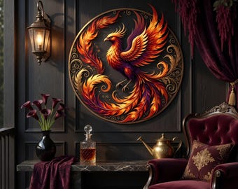 Phoenix Rising Metal Wall Art, Firebird Home Decor, Rebirth Symbol Sign, Mythical Bird Sculpture, Gothic Luxury Wall Hanging