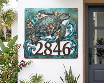 May include: A square metal house number sign featuring the digits 2846 in a dark brown font. The background displays a teal and turquoise sea turtle surrounded by tropical hibiscus flowers and swirling ocean waves in shades of blue and bronze.