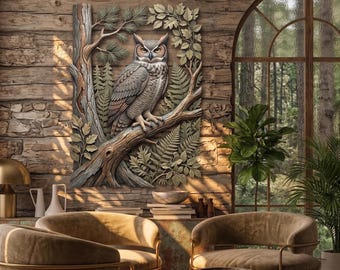 Great Horned Owl Metal Wall Art, Forest Wildlife Decor, Woodland Bird Sign, Rustic Pine Tree Sculpture, Nature Inspired Wall Hanging