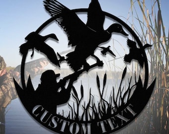 Arte de pared de metal personalizado para caza de patos, letrero con nombre de cazador personalizado, decoración para el hogar, cabaña de patos, regalo de inauguración de la casa, Navidad, cumpleaños, granja de patos